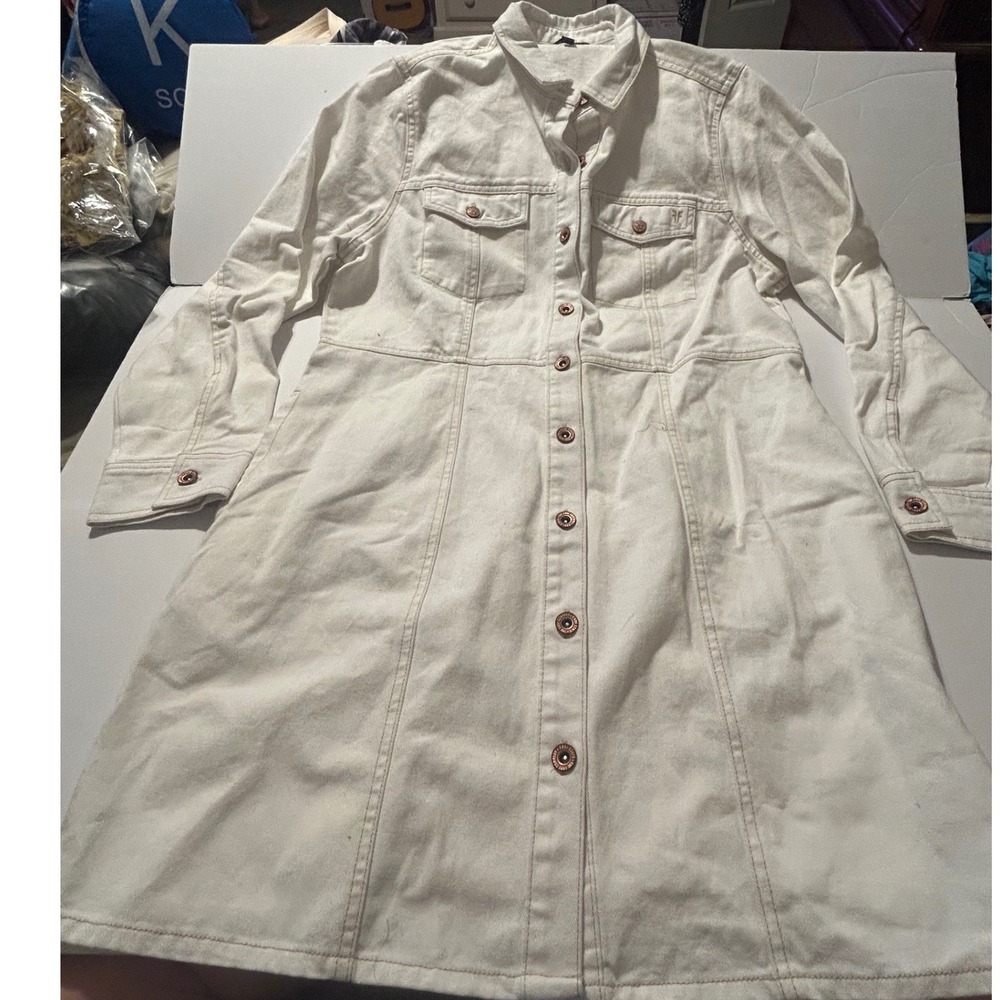 Frye Womens White Denim Button Down Shirt Dress Long Sleeve XL Cotton Utility